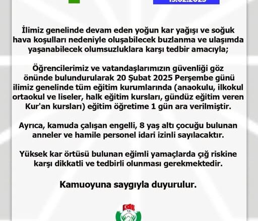  BUGÜN, 20.02.2025 PERŞEMBE GÜNÜ,RİZE GENELİNDE TÜM OKULLAR TATİL EDİLDİ.