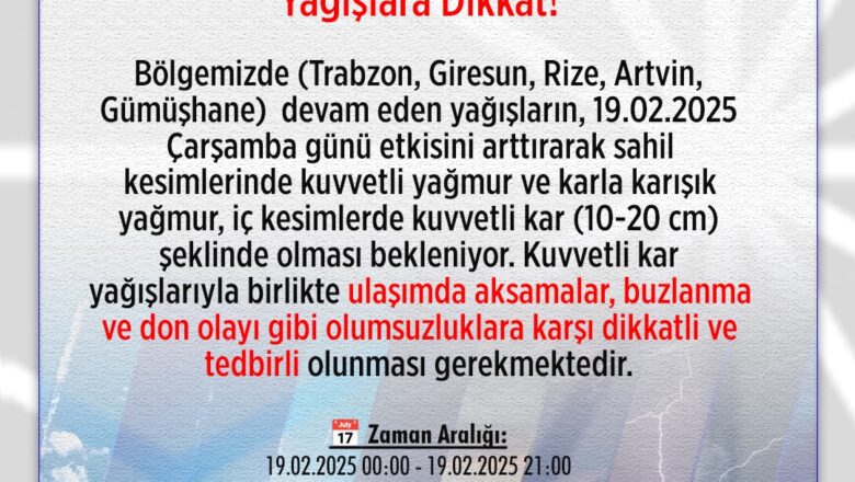  DİKKAT ! .. RİZE VALİLİĞİNDEN METEROLOJİK UYARI GELDİ…